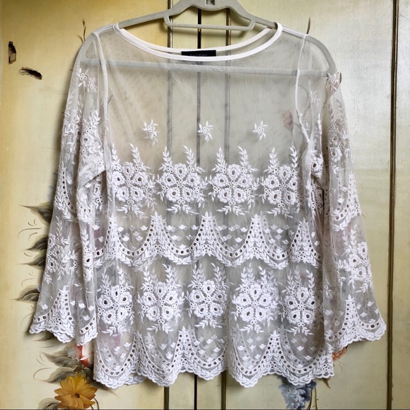 Karen Kane Sheer Embroidered Top Off White - Picture 2 of 5